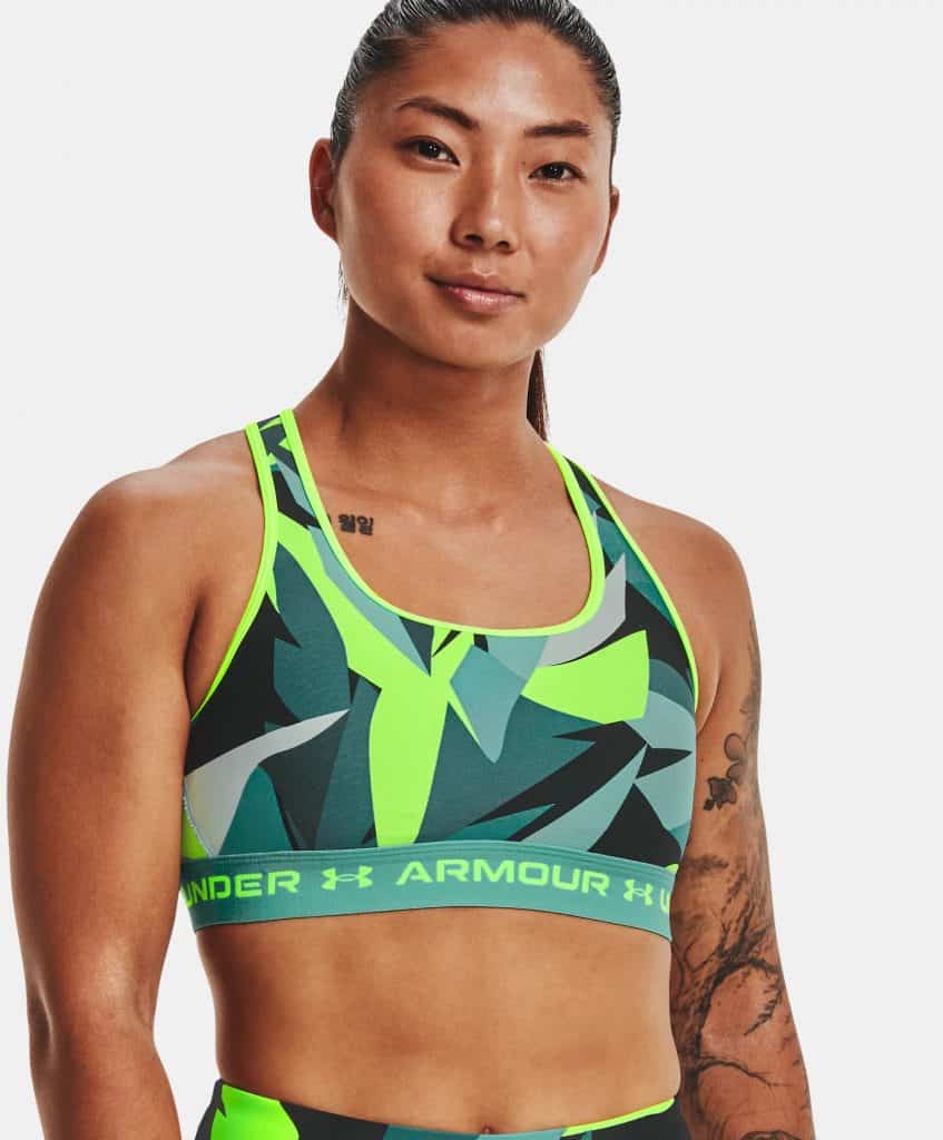 Under Armour Womens Armour® Mid Crossback Printed Sports Bra worn front