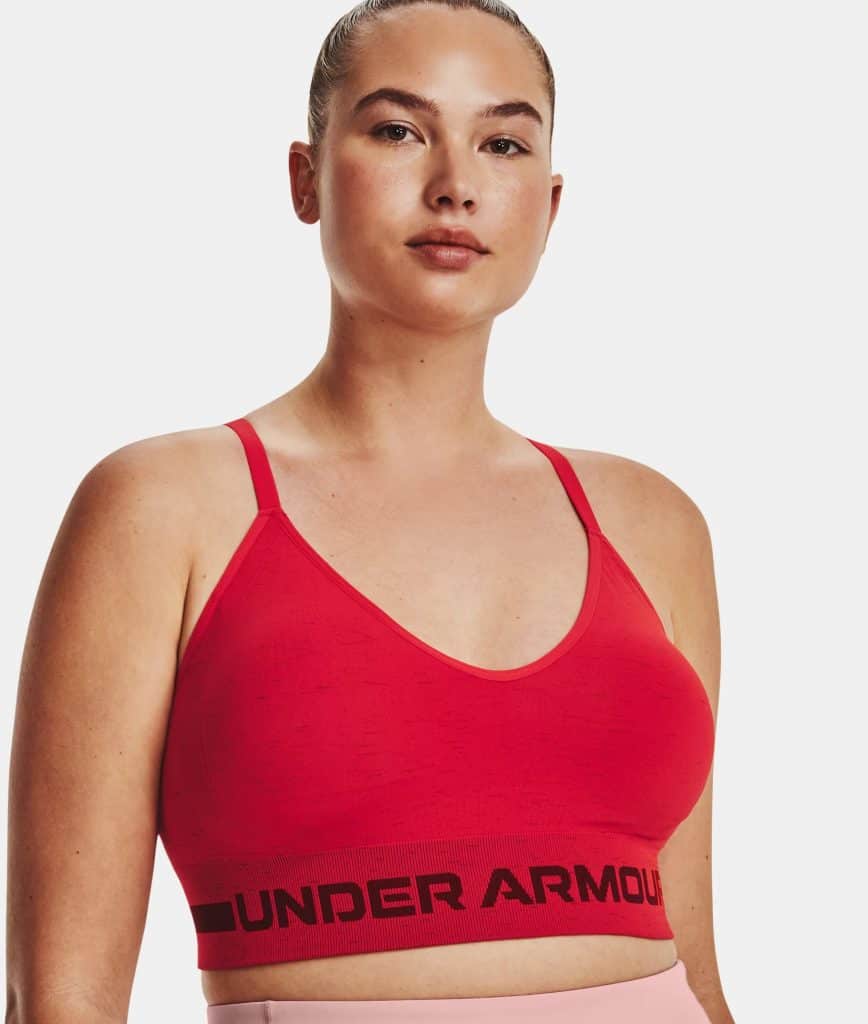 Under Armour Womens UA Seamless Low Long Heather Sports Bra worn front 3