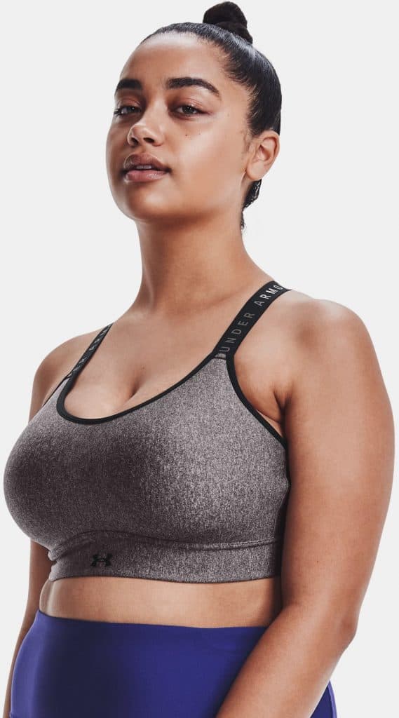 Under Armour Womens UA Infinity Mid Heather Cover Sports Bra worn front 4