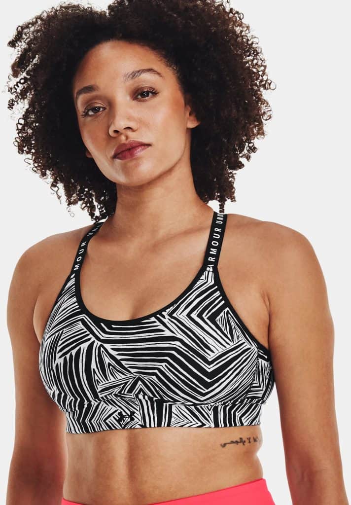 Under Armour Womens UA Infinity Mid Printed Sports Bra worn front 2