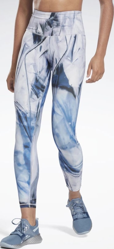 Reebok Lux Bold High-Waisted Liquid Abyss Print Tights worn front