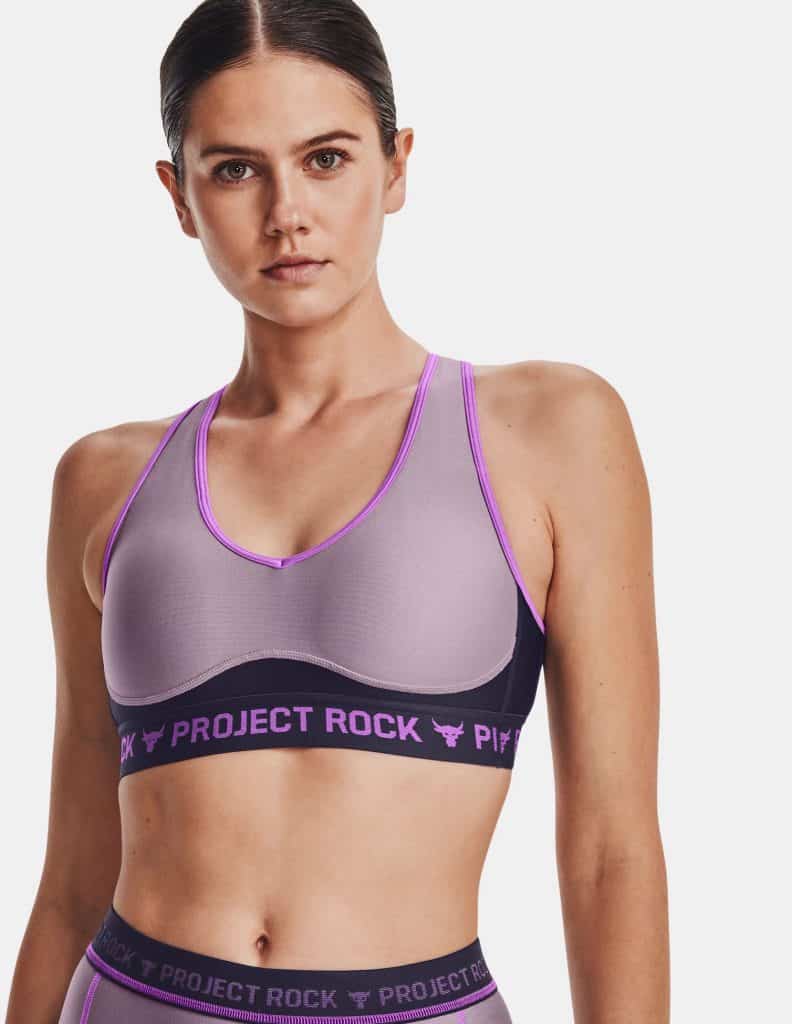 Under Armour Womens Project Rock Crossback Disrupt Sports Bra worn front
