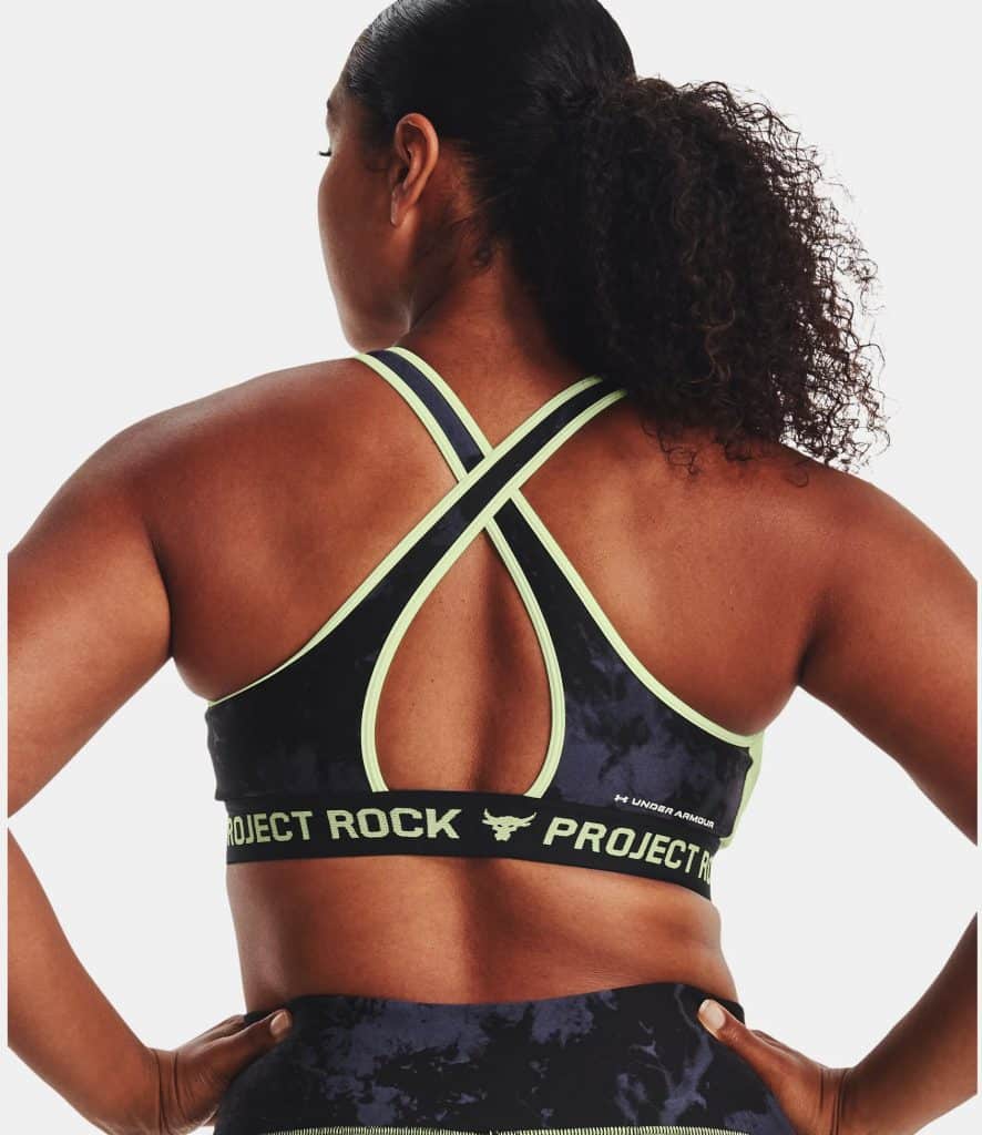 Under Armour Womens Project Rock Crossback Printed Sports Bra back worn 3