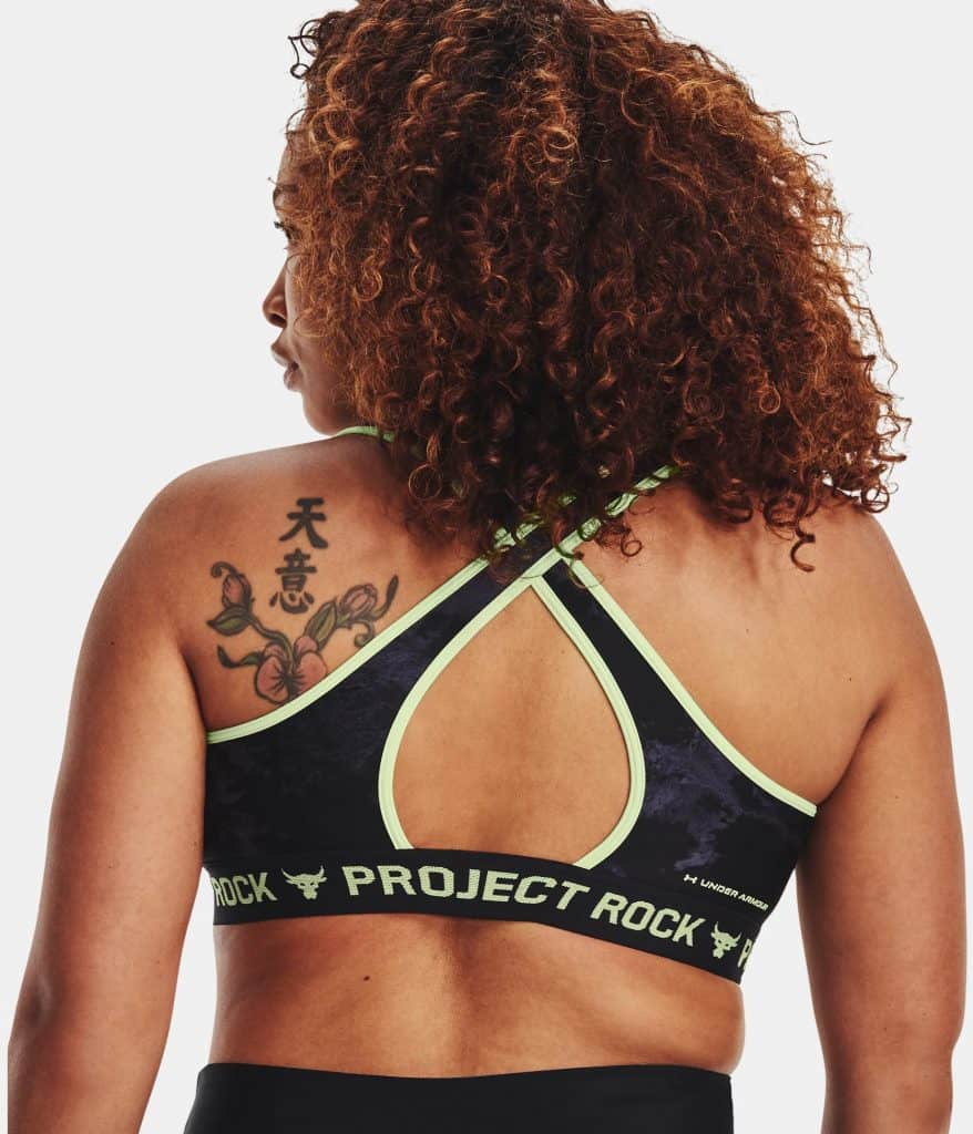 Under Armour Womens Project Rock Crossback Printed Sports Bra worn back 3